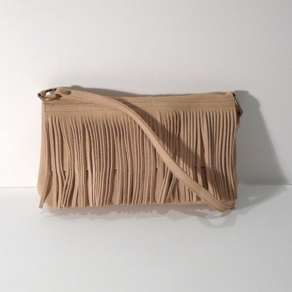 Suede Fringe Bag Leather Fringe Handbag Boho Hippie Purse Natural Khaki Cowhide Vintage Hippe Boho Festival Bag Baguette FREE USA SHIPPING