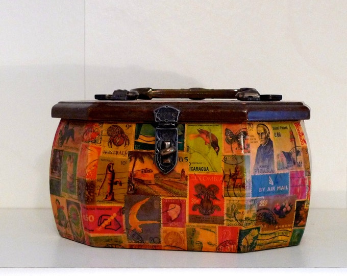 Postage Stamp Box Purse 70's Stamp Collector Handmade Decoupage Box Bag