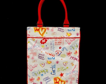Punk Princess Graffiti Tote Bag - Luella for Target 2005 - Canvas, Punk Rock All Over Print, Oversized Shoulder Bag / Top Handled Handbag