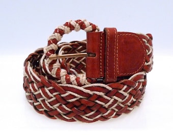 Woven Leather Belt 1980s - Braided Leather and Cord Wide Belt / 2XL / XXL Extra Large Adjustable Hip Hugger Belt / Made in Turkey / Hippie