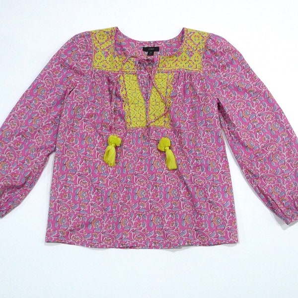 Embroidered Smock Top - Pink Floral Print with Embroidery and Pom Pom Ties - Size XS Vintage Pullover Peasant Top Shirt / Made in India