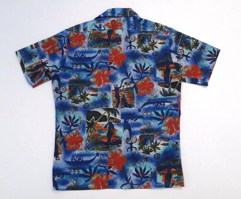 Hawaiian Shirt by Palm Tree of Branford 1970s 1980s Vintage Blue Aloha Shirt Size M Medium Abstract Tropical Luau Tiki Party Polynesian