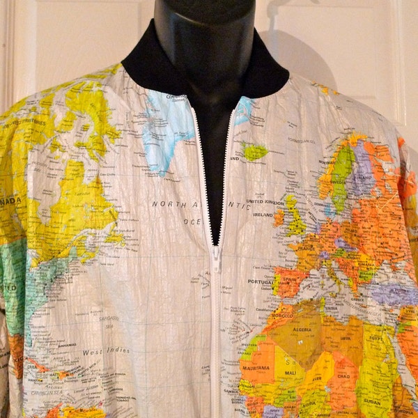 World map Paper jacket Wearin' The World Map cream white Large 80s Tyvek bomber jacket vintage retro FREE SHIP