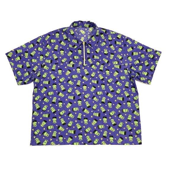 Frankenstein Pullover Shirt - Boxy Fit - Halloween - Vintage 1990s Purple, Green & Yellow Head Nuts and Bolts Print / Quarter Zip - Size XL