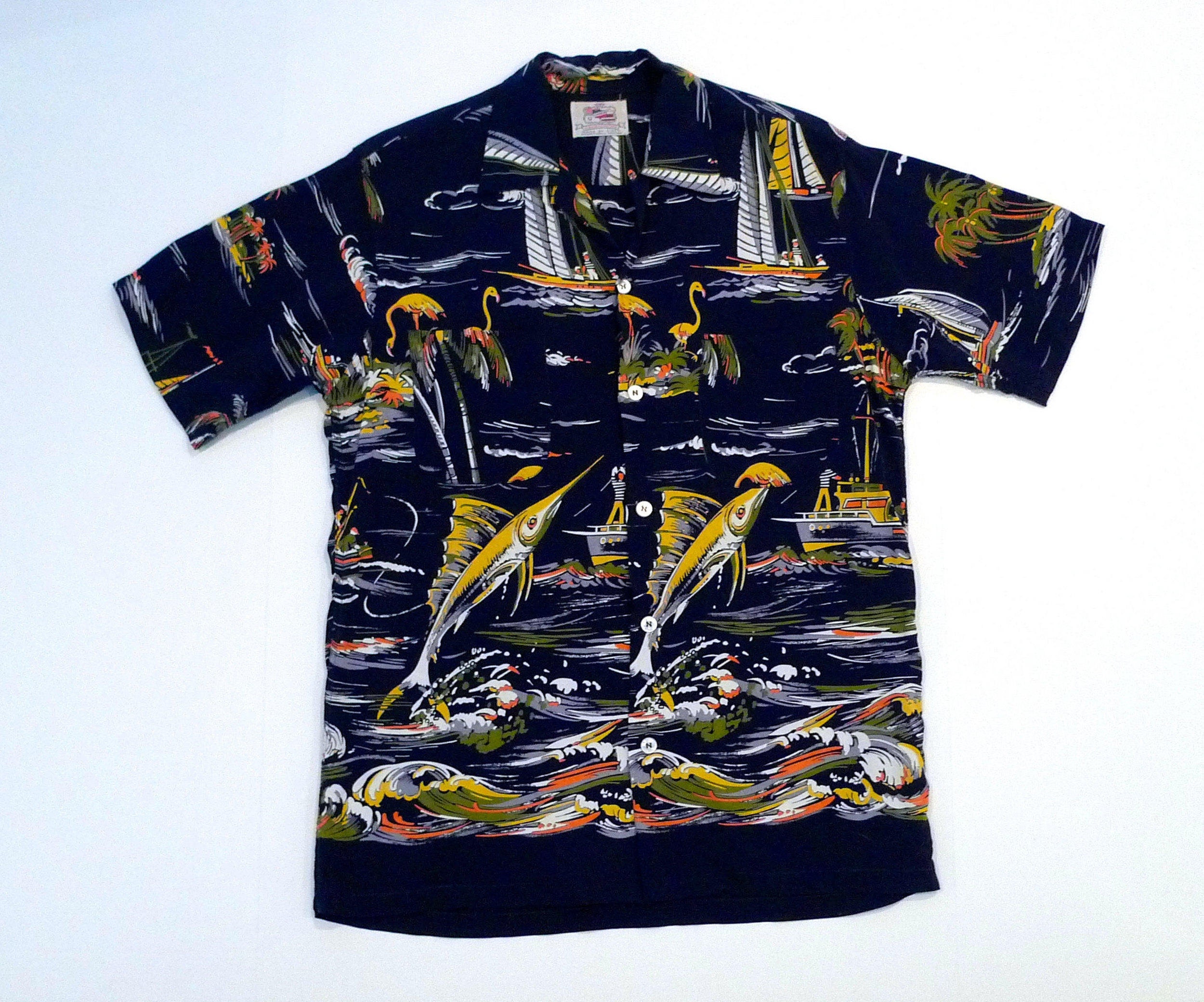 トップス 40s VIEW OF MIAMI ALOHA shirt vintage Vintage 1940's Size L Surfer Pattern Silky Rayon Hawaiian