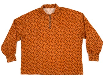 Skull and Crossbones Pullover Shirt - Vintage 1990's, Orange Flannel with Black Zipper, Halloween Print - Men's Size XL / Boxy, Quarter Zip