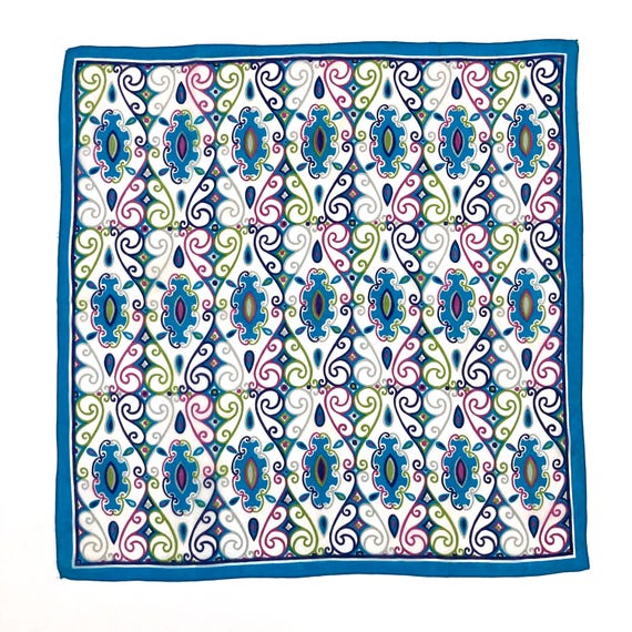 Mod Square Scarf with Decorative Geometric Teardrop Print - Vintage 1970's Blue, Purple, Green and White - Women's Fashion Head & Neck Wear