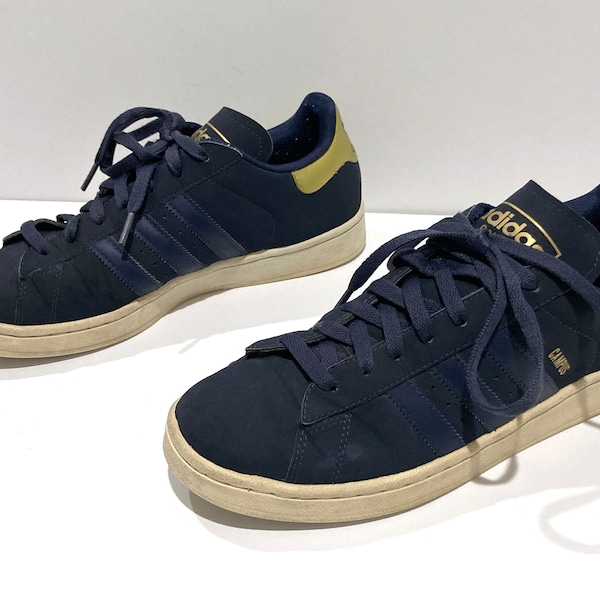 Adidas Campus Sneakers - Mens Size 9 - Vintage 2000's - Dark Blue with Gold Tennis Shoes - Skateboard, Skater Skate Shoes / Atheleisure