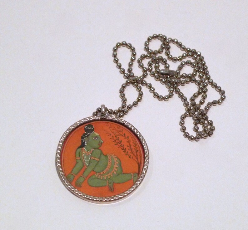 Baby Krishna Pendant from India 1990s Vintage Miniature Painting Print Necklace Crawling Bala Krishan Hindu Divine God