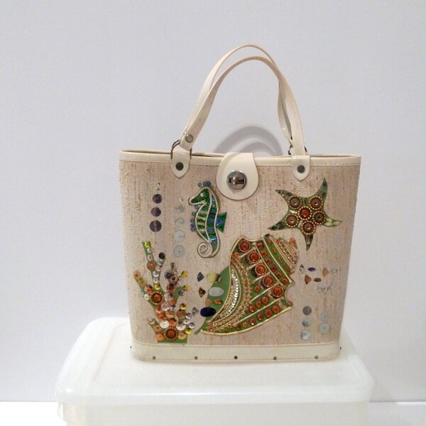 Seahorse and Seashell Bag Vintage Canvas Purse Jewel Tone Beach Resort General Craft Bucket Bag Canvas Handbag Starfish 1970s