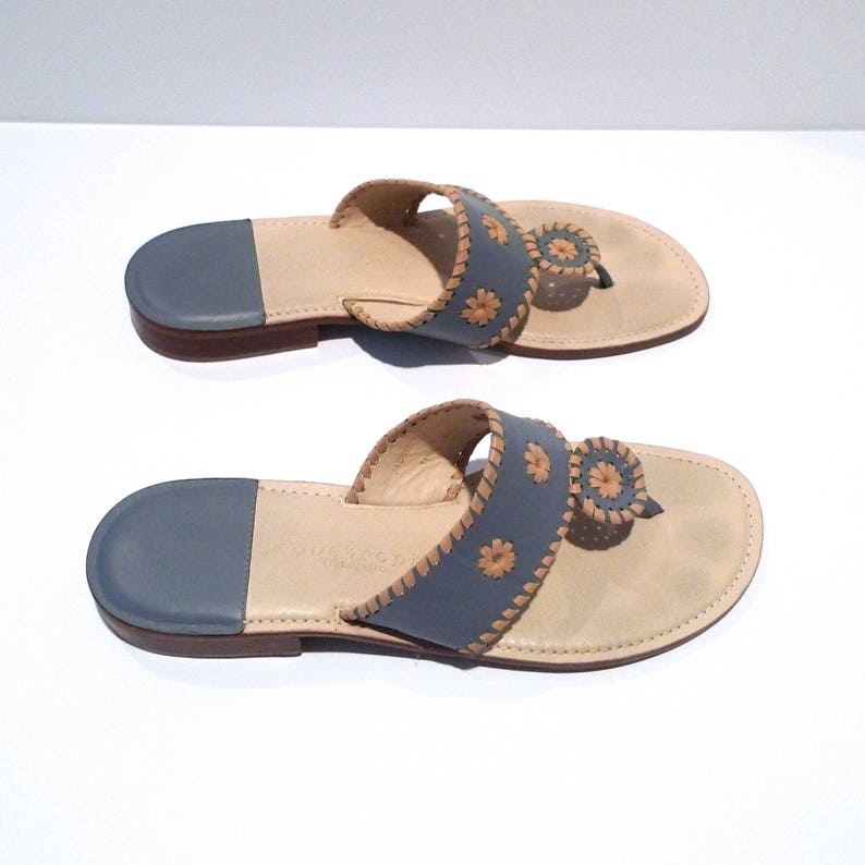 Blue T Strap Sandals 1990s Vintage Blue with Khaki Whipstitch | Etsy
