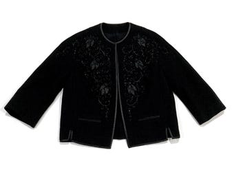 Black Beaded Knit Jacket - Vintage 1950's, Womens Size S - Black Beads & Satin Ribbon, 100% Wool, Double Knit, Belgium, Exclusively for Rudy