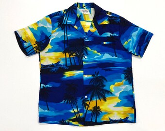 Kai Nani Hawaii Classic Hawaiian Shirt 1970's Vintage Outrigger Canoe Ocean Print / Tiki Luau Party / Size L Large Polyester Mens Camp Shirt