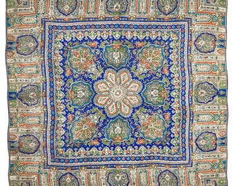 Blue Mandala Scarf - Vintage 1980's For Women's Head & Neck, Paisley Decorative Border Print, Tiny Flowers, 31 inch square scarf