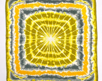 Vera Square Scarf, Tie Dye Starburst Print - Vintage 1970's, Mod Op Art, Orange, Yellow, Gold and Gray, Vera Neumann Signature
