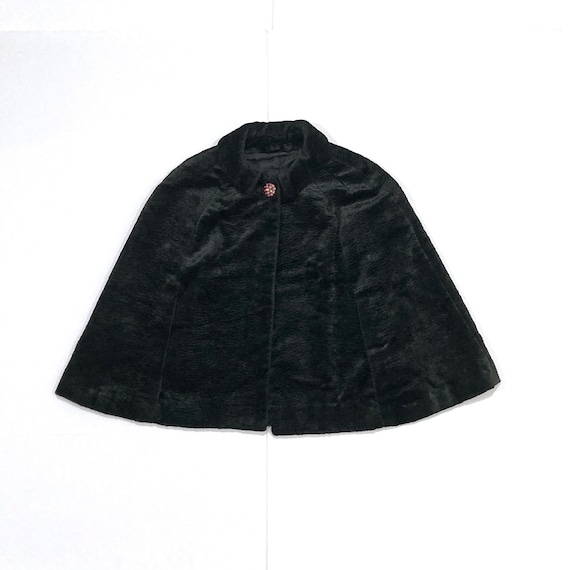 Black Faux Fur Cape with Rhinestone Button - Vinta