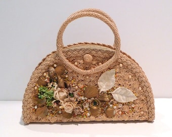 Raffia Handbag with Flowers and Shells 1950s 1960s Made In Japan Vintage Crochet Look - Woven Embellished Bag / Half Circle Round Shaped Bag