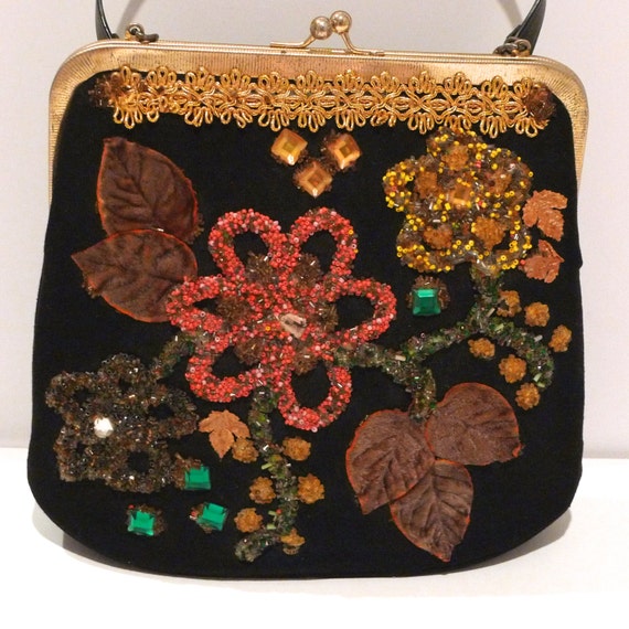 1950s Black Beaded Bag with Flocked Leaves Vintag… - image 2