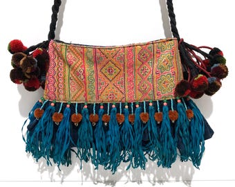 Hmong Purse with Bells and Embroidery - Vintage 2000's Cotton Woven Textile Shoulder Bag with Beads, Fringe and Pompoms - Chang Mai Thailand