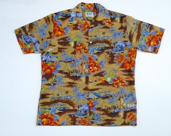 Hawaiian Shirt by KP 1970's Vintage Brown Blue Hibiscus Pineapple Volcano Print / Tropical Luau Tiki Party Size L to XL Polyester Mens