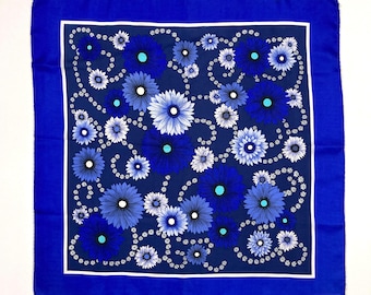 Scarf by Clifford Bond, Shades of Blue Flowers - Vintage 1960's, Women's Head and Neck scarf, Square Solid Border & Floral Pattern