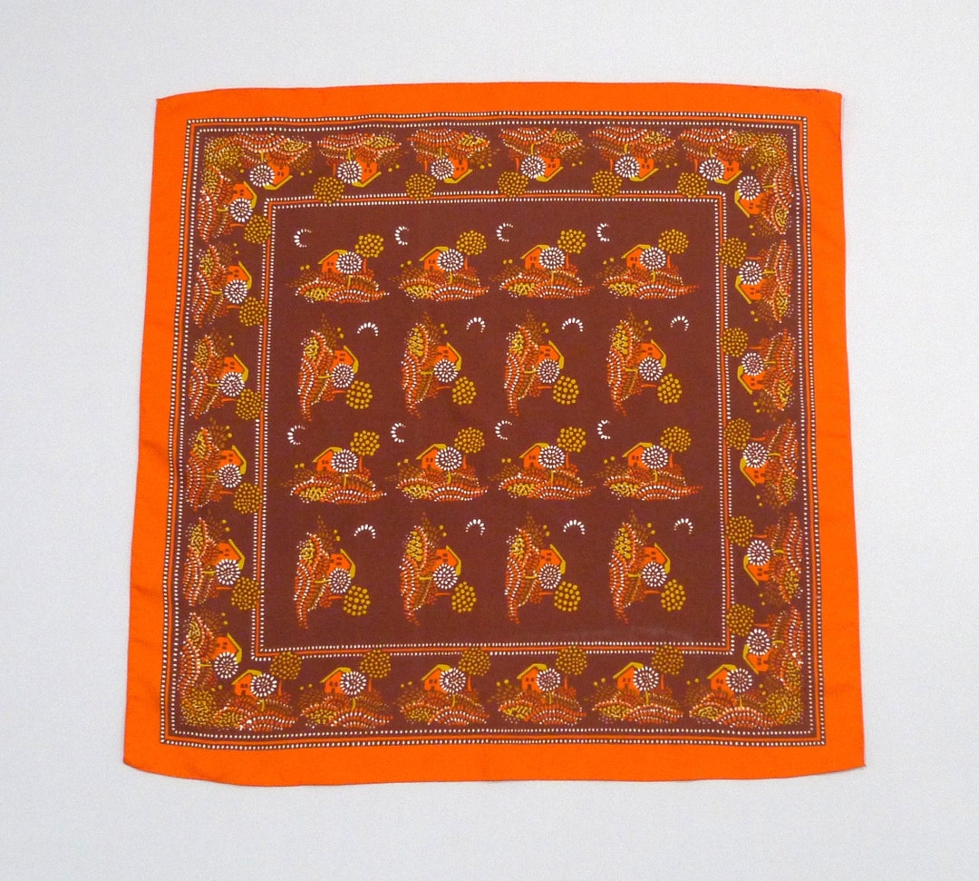 Cottage With Trees Scarf Mr Emperor 1970s Vintage Polyester Brown and ...