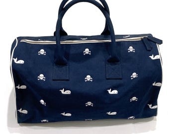 Duffel Bag by Libertine - Whales and Skulls - Dark Blue Canvas, Embroidered Pirate Skulls and Crossbones - Top Handles Overnight Travel Tote