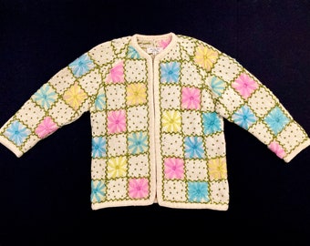 Cardigan Sweater - Hand Embroidered Pastel Flowers - Vintage 1950's 1960's - Size M - Virgin Wool Knit Jacket - Pink, Blue, Yellow & Green