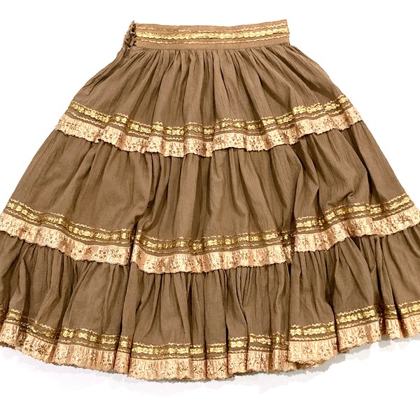 Southwestern Full Circle Skirt - Vintage 1960's Size Small - Brown & Gold Braid Ribbon, Rockabilly Western Wear - Tiered Patio Swing Dancing