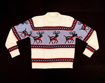 Reindeer Ski Sweater Vintage 1970's Red and Blue Deer and Diamond Striped Pattern / Christmas / Winter Holiday Unisex Novelty Knit Pullover