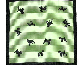 Poodle Print Scarf - Vintage 50s Square Neck Scarf, Hadson Hand Rolled Chief Value Silk, Black Border, Green & White Stripes / Made in Japan