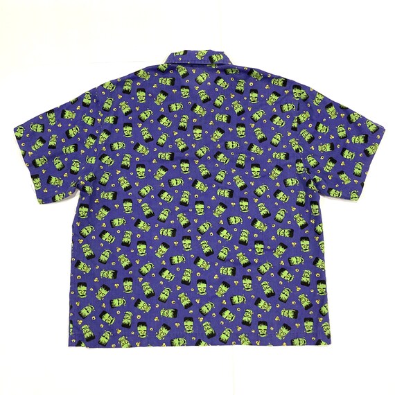 Frankenstein Pullover Shirt - Boxy Fit - Halloween - Vintage 1990s Purple, Green & Yellow Head Nuts and Bolts Print / Quarter Zip - Size XL View 2