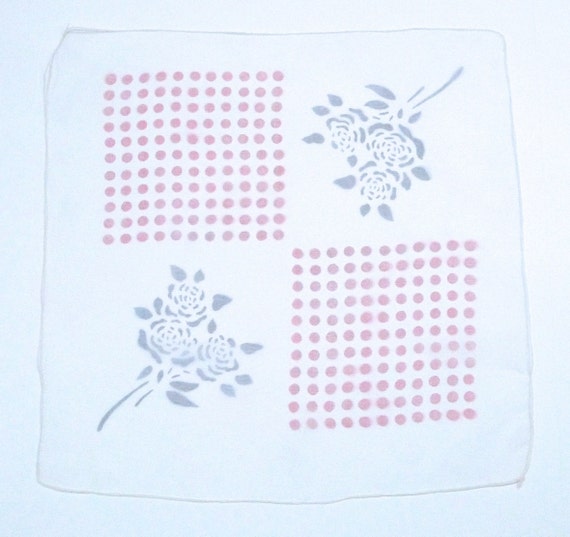 White Nylon Chiffon Scarf with Roses and Dots 195… - image 1