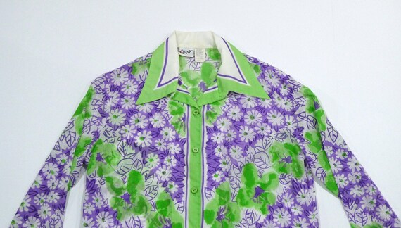 Vera Blouse - Purple and Green Floral Print 60s 7… - image 2