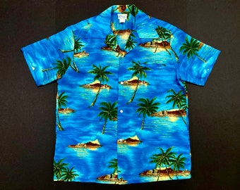 Kolekole Hawaiian Shirt 1970's Vintage Made in Hawaii Tropical Palm Trees Print Aloha Tiki Luau Party Size L Large Polyester Mens Camp Shirt