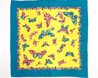 Butterflies Print Scarf - Vintage 1960's Acetate - Mod Women's Head and Neck Wear / Made in Italy / Blue, Yellow and Pink Butterfly Print