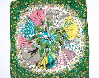 Southern Belle Scarf by American Artists - Original Pure Silk Hand Printed - Vintage 1950's Head Scarf, Pastels Cotillion / Ribbon Dance
