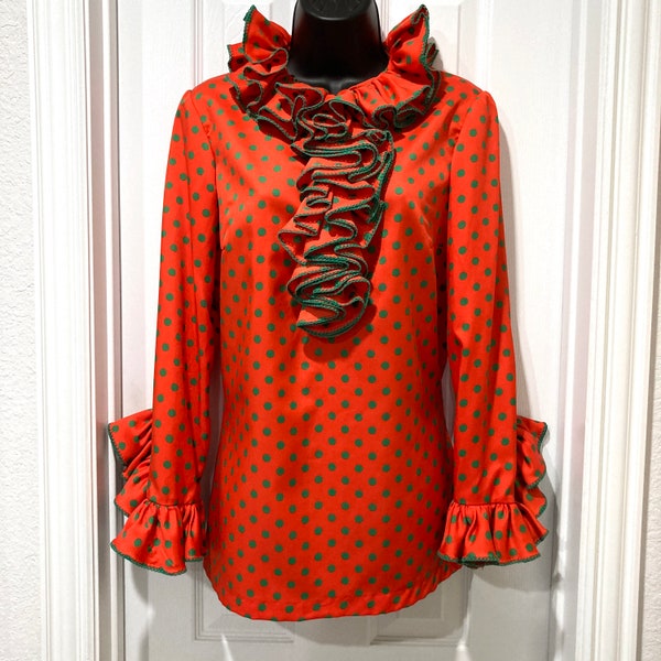 Orange Blouse with Green Polka Dots - Vintage 1970's Flamenco Dance Style - Knit Trimmed Ruffles on Collar and Long Sleeves - Women's Size M