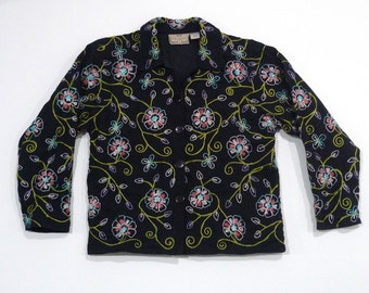 Floral Embroidered Jacket - Size Petite P Vintage Multicolor Flowers Button Front Top / Lined / Made in India / Black Jacket with flowers