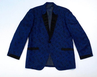 Blue Brocade Dinner Jacket 1960s Size Small Mens Vintage Harilela's Blue & Black Blazer / Tailored Semi Fitted Jacket / Black Satin Contrast