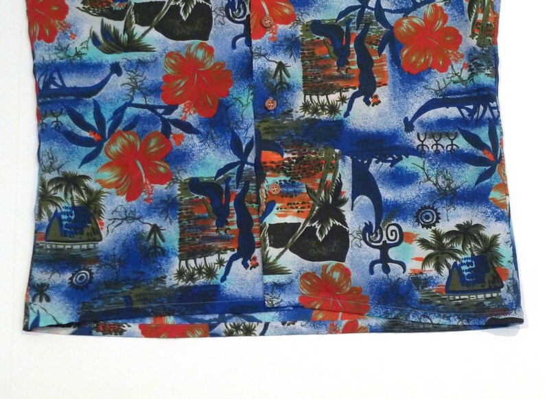Hawaiian Shirt by Palm Tree of Branford 1970s 1980s Vintage Blue Aloha Shirt Size M Medium  Abstract Tropical Luau Tiki Party Polynesian