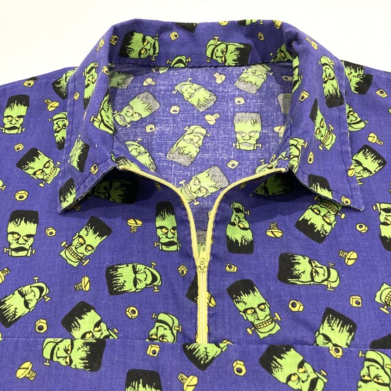 Frankenstein Pullover Shirt - Boxy Fit - Halloween - Vintage 1990s Purple, Green & Yellow Head Nuts and Bolts Print / Quarter Zip - Size XL View 5