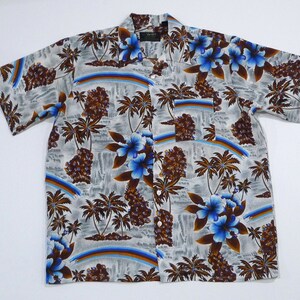 Hawaiian Shirt by Van Cort 1970's Vintage Waterfalls with Rainbow & Hibiscus Tropical Print with Palm Trees  / Tiki Luau Party Size Large L