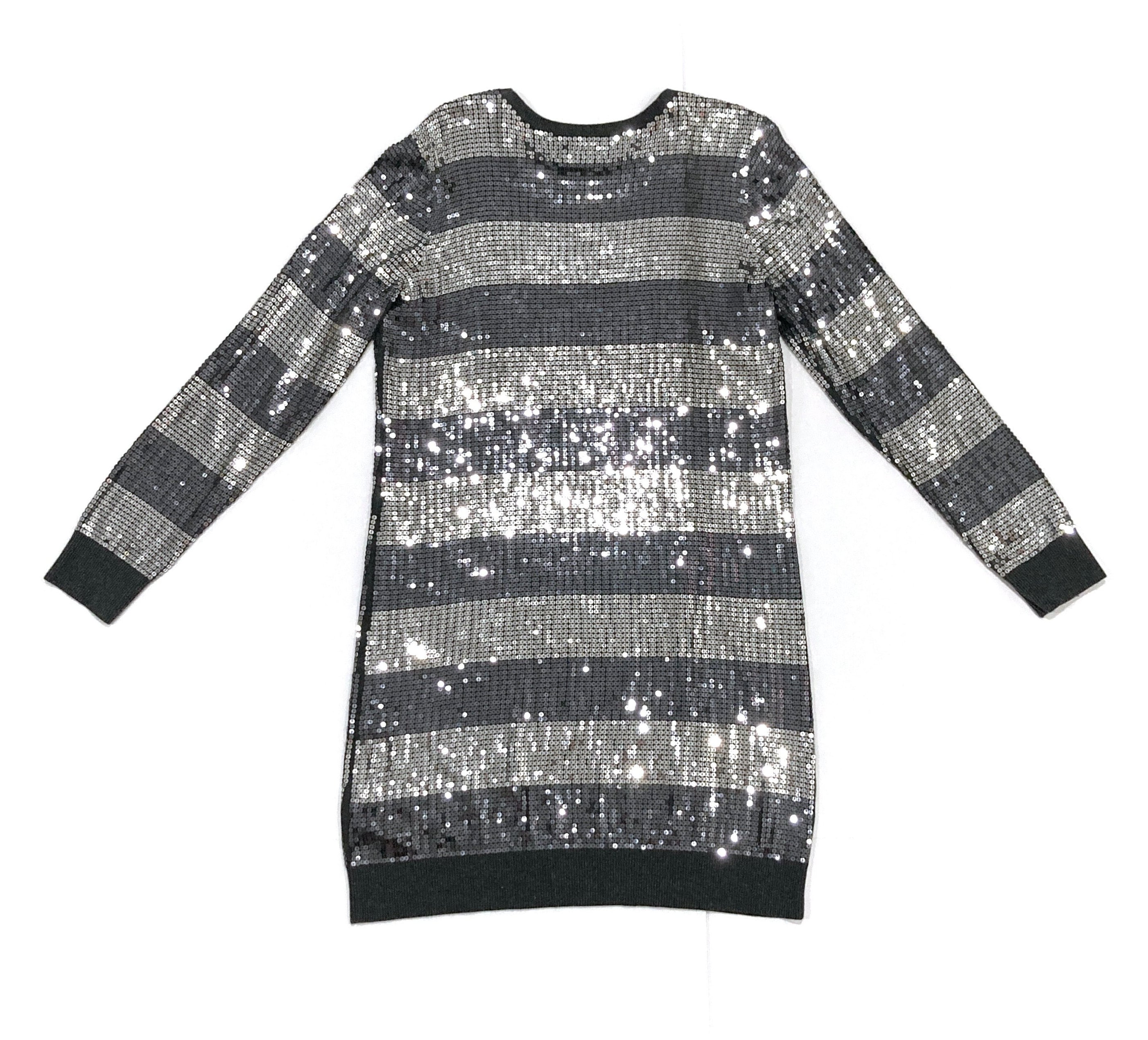 black and silver striped sequin dress Sequined Striped Dress Michael Kors - Gray and Silver Sequin Pullover Tunic  / Lightweight Knit Stripe Dress / Shimmering Women's Size M to L