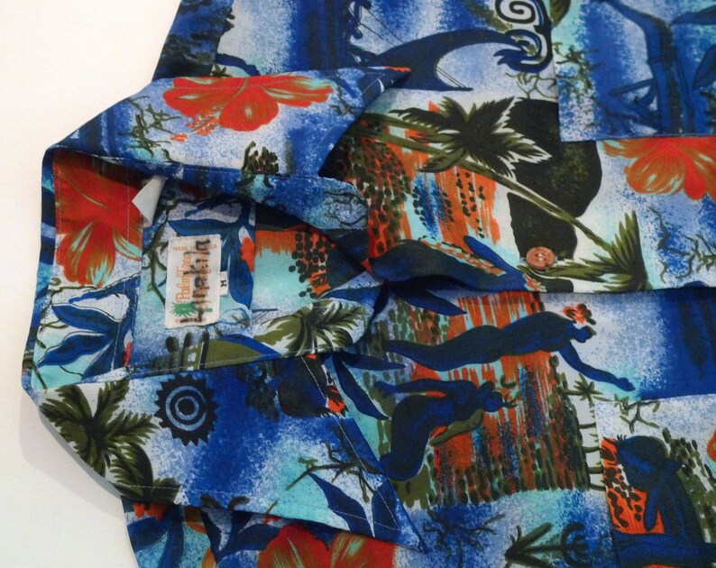 Hawaiian Shirt by Palm Tree of Branford 1970s 1980s Vintage Blue Aloha Shirt Size M Medium Abstract Tropical Luau Tiki Party Polynesian