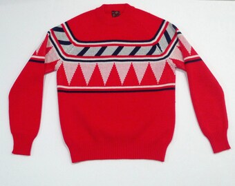 Red Pullover Sweater with White and Blue Design 1970s Vintage Kingsport Acrylic Knit Novelty Crew Neck Ski Sweater / Size 42 44 L Large