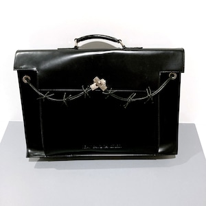Jean Paul Gaultier Leather Briefcase Computer Bag Vintage 2000's Black Laptop Bag with Leather Closures look like Barbed Wire Gothic Design
