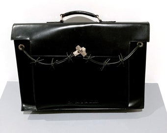 Jean Paul Gaultier Leather Briefcase Computer Bag Vintage 2000's Black Laptop Bag with Leather Closures look like Barbed Wire Gothic Design