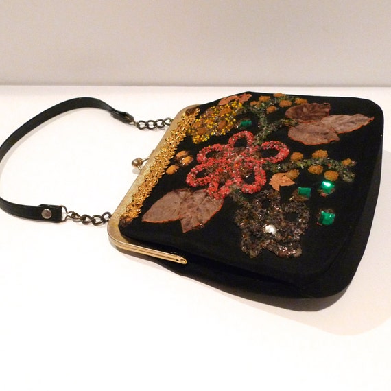 1950s Black Beaded Bag with Flocked Leaves Vintag… - image 4