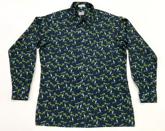 Blue Heron Bird Shirt - Vintage 1970s All over print Polyester Disco - Bruce Douglas - Young's Baltimore, Maryland - Size L / Birds in Trees